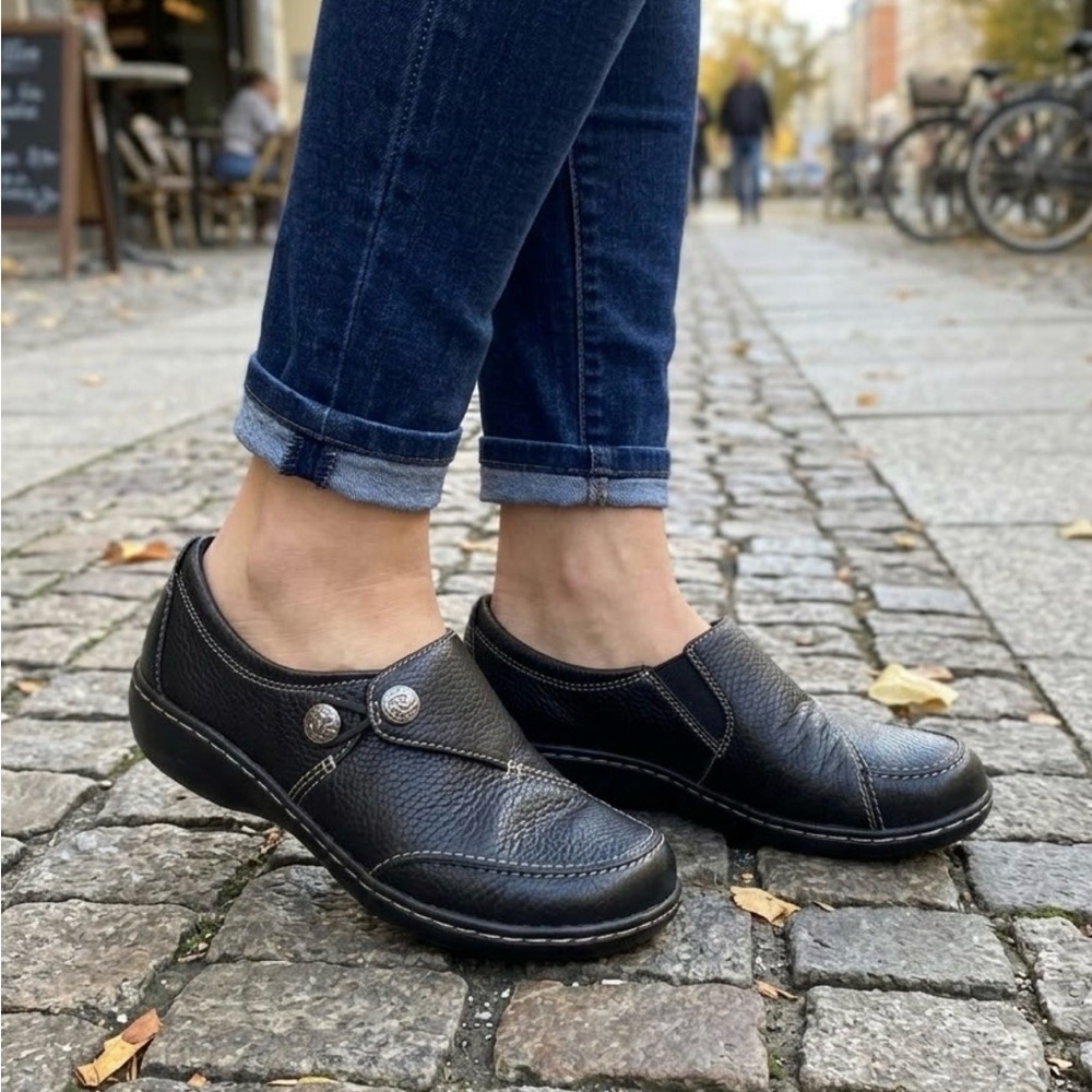 Clarks Black Leather Loafers with Stitch Detail